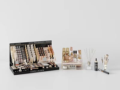 Estee Lauder Perfumes And Cosmetics Display With Lipsticks Eyeshadows And Makeup Brushes 3d model