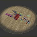 Red Grip Handgun with Magazines and Scattered Bullets on Wooden Floor