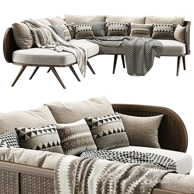Beige Two Seater Sofa With Geometric Pillows Rattan Armrests And Gray Blanket 3d model 