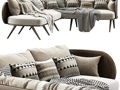 Beige Two Seater Sofa With Geometric Pillows Rattan Armrests And Gray Blanket 3d model