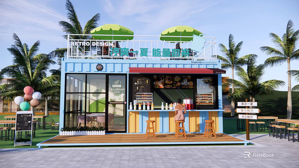 Container Building Energy Station With Palm Trees Terrace Green Umbrellas Bar Stools 3d model 