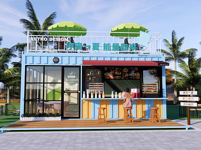Container Building Energy Station With Palm Trees Terrace Green Umbrellas Bar Stools 3d model