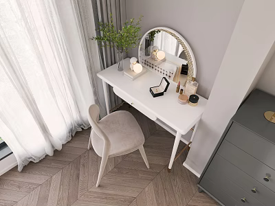 White Dressing Table With Round Mirror Beige Chair Cosmetics Vase And Green Plant 3d model
