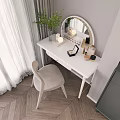 White Dressing Table With Round Mirror Beige Chair Cosmetics Vase And Green Plant