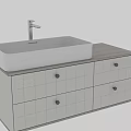 Bathroom Vanity With Grey Grid Panel Cabinet Gold Knobs Wooden Countertop And White Vessel Sink