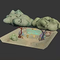Cartoon Scene Featuring Cloud Shaped Trees Wooden Box And Small Decorative Items On Surface 3d model