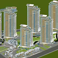 Modern High Rise Residential Buildings With Geometric Facade Curved Roof And Low Rise Structures