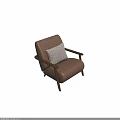 Stylish Brown Leather Accent Chair with Wooden Arms and Striped Cushion for Living Room
