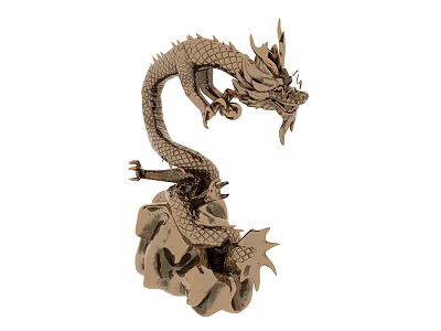 Flying Dragon Sculpture Featuring Metallic Scales Curved Body Claws Tail And Rock Base 3d model