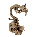 Flying Dragon Sculpture Featuring Metallic Scales Curved Body Claws Tail And Rock Base