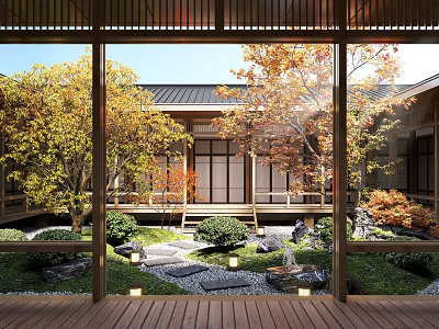 Traditional Japanese Courtyard Garden With Wooden Building Autumn Trees Stone Path And Greenery 3d model