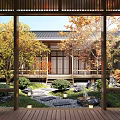 Traditional Japanese Courtyard Garden With Wooden Building Autumn Trees Stone Path And Greenery