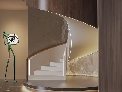 Elegant Modern Spiral Staircase With White Marble Steps And Warm Lighting In Interior Design 3d model