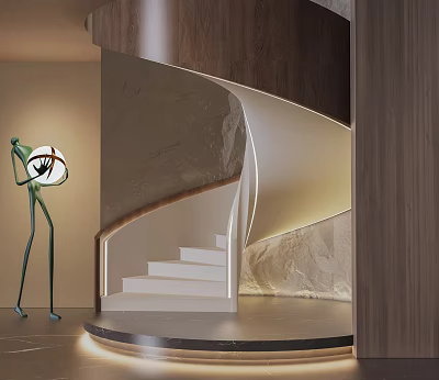 Elegant Modern Spiral Staircase With White Marble Steps And Warm Lighting In Interior Design 3d model