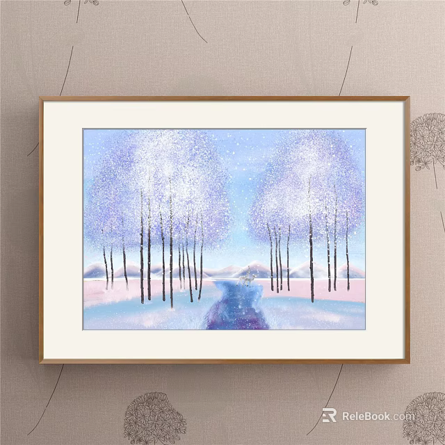 Winter Landscape Painting With Snowy Ground White Trunked Trees And Distant Mountains 3d model 