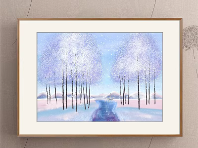 Winter Landscape Painting With Snowy Ground White Trunked Trees And Distant Mountains 3d model