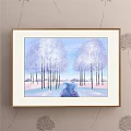 Winter Landscape Painting With Snowy Ground White Trunked Trees And Distant Mountains