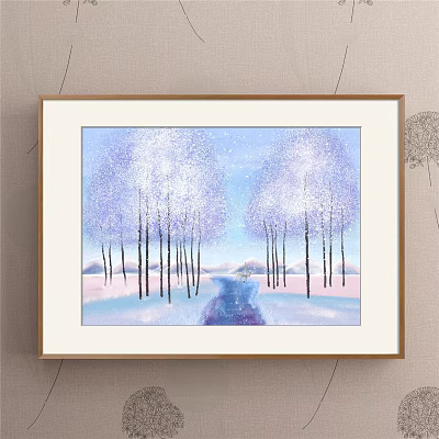 Winter Landscape Painting With Snowy Ground White Trunked Trees And Distant Mountains 3d model