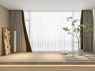 Modern Interior Window With Sheer White And Gray Curtains Potted Plant And Decorative Painting 3d model