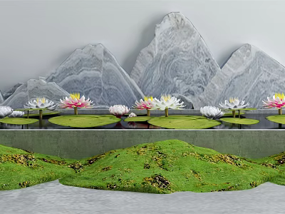Karesansui Dry Landscape With Rock Mountains Water Lilies And Green Grass 3d model