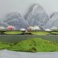 Karesansui Dry Landscape With Rock Mountains Water Lilies And Green Grass