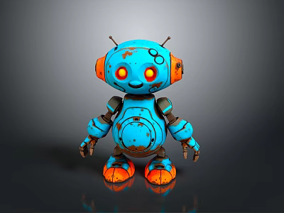 Blue Robot Character With Orange Ears Yellow Eyes And Rusty Details 3d model