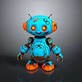 Blue Robot Character With Orange Ears Yellow Eyes And Rusty Details