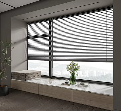 Contemporary Bay Window Seat With Black Blinds Marble Countertop City View And White Flower Vase 3d model