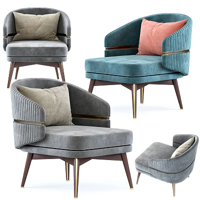 Luxury Modern Armchair In Grey Blue With Velvet Upholstery Wooden Legs And Accent Pillows 3d model