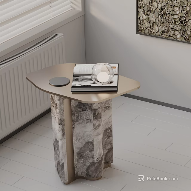 Modern Geometric Side Table With Metallic Top And Marble Base Featuring Books And Decorative Item 3d model 