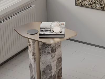 Modern Geometric Side Table With Metallic Top And Marble Base Featuring Books And Decorative Item 3d model