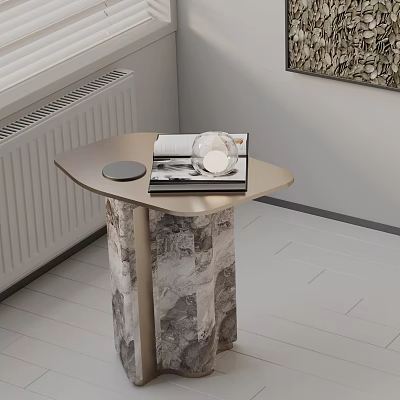 Modern Geometric Side Table With Metallic Top And Marble Base Featuring Books And Decorative Item 3d model