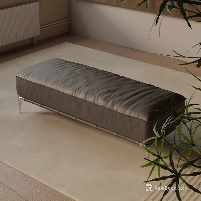 Modern Gray Leather Upholstered Shoe Bench With Metal Legs In Entryway Featuring Green Plant 3d model 