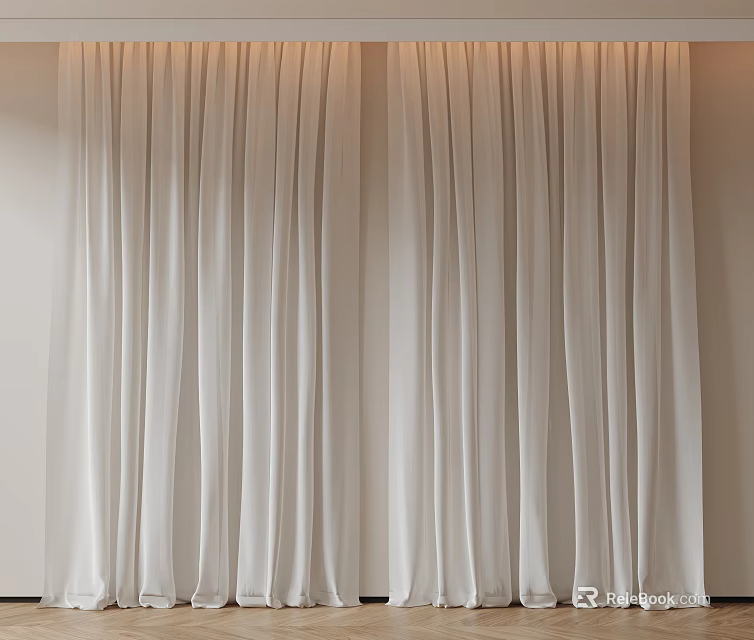 Soft White Floor Length Linen Curtains For Modern Home Interior Design 3d model 