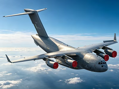 Large Military Transport Aircraft Flying High In Blue Sky With White Clouds 3d model