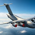 Large Military Transport Aircraft Flying High In Blue Sky With White Clouds