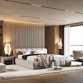 Modern Bedroom Double Bed With Vertical Striped Wall Nightstand Table Lamp And Large Window