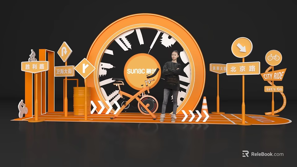 Orange Interactive Area Featuring Circular SUNAC Structure Beijing Sports Park Signs Bicycle And Traffic Cones 3d model 
