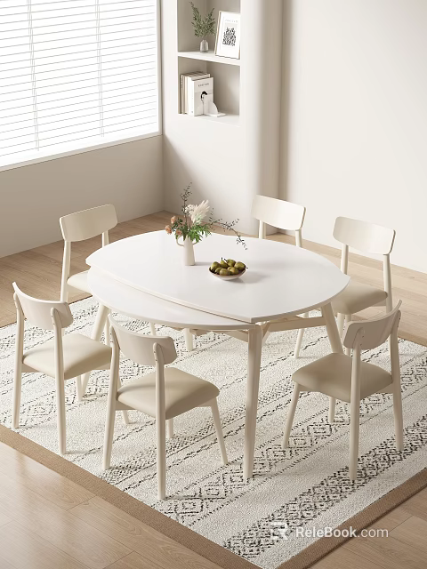 Minimalist White Dining Table Set With Six Chairs And Decorative Vase In Modern Interior 3d model 