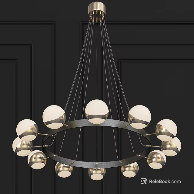 Modern Circular Chandelier with Multiple Spherical Bulbs on Dark Wall Background in Contemporary Interior Design 3d model 