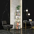 Elegant Modern Bookcase With Gold Frame And Green Plant On Marble Wall Background