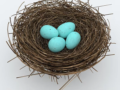 Natural Twig Nest Holding Three Light Blue Eggs On White Background 3d model