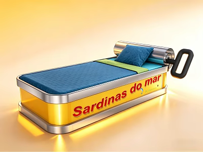 Single Bed With Sardine Can Design Yellow Blue Metallic Frame And Pillow 3d model
