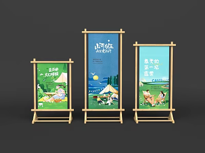Bamboo Display Stands With Camping Theme Posters Featuring Nature And People 3d model