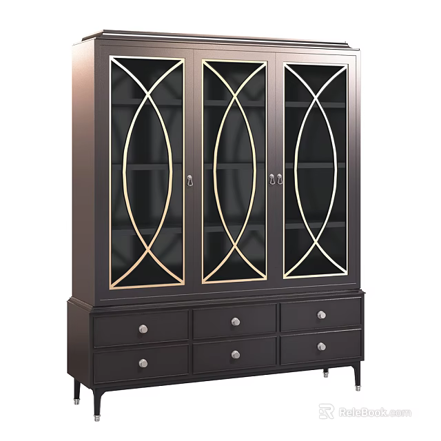 Elegant Dark Wood Bookcase With Three Glass Doors Gold Curved Accents And Bottom Storage Drawers 3d model 