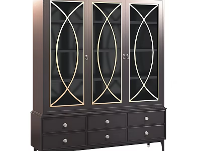 Elegant Dark Wood Bookcase With Three Glass Doors Gold Curved Accents And Bottom Storage Drawers 3d model