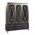 Elegant Dark Wood Bookcase With Three Glass Doors Gold Curved Accents And Bottom Storage Drawers