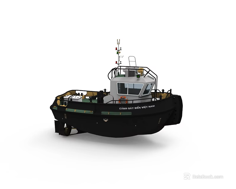 Black And White Tugboat With Wheelhouse Antenna Hull And Deck Features 3d model 