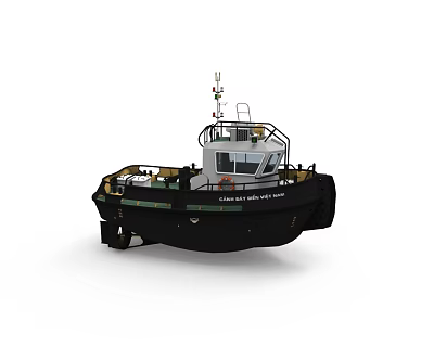 Black And White Tugboat With Wheelhouse Antenna Hull And Deck Features 3d model