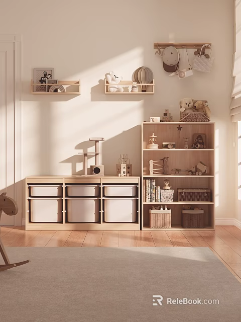 Wooden Storage Shelves In Kids Room With Toys Books And Decorations 3d model 